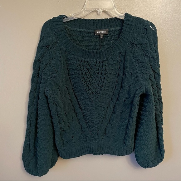 EXPRESS Hunter green sweater Small scoop neck balloon sleeves chenille knit - Picture 2 of 10
